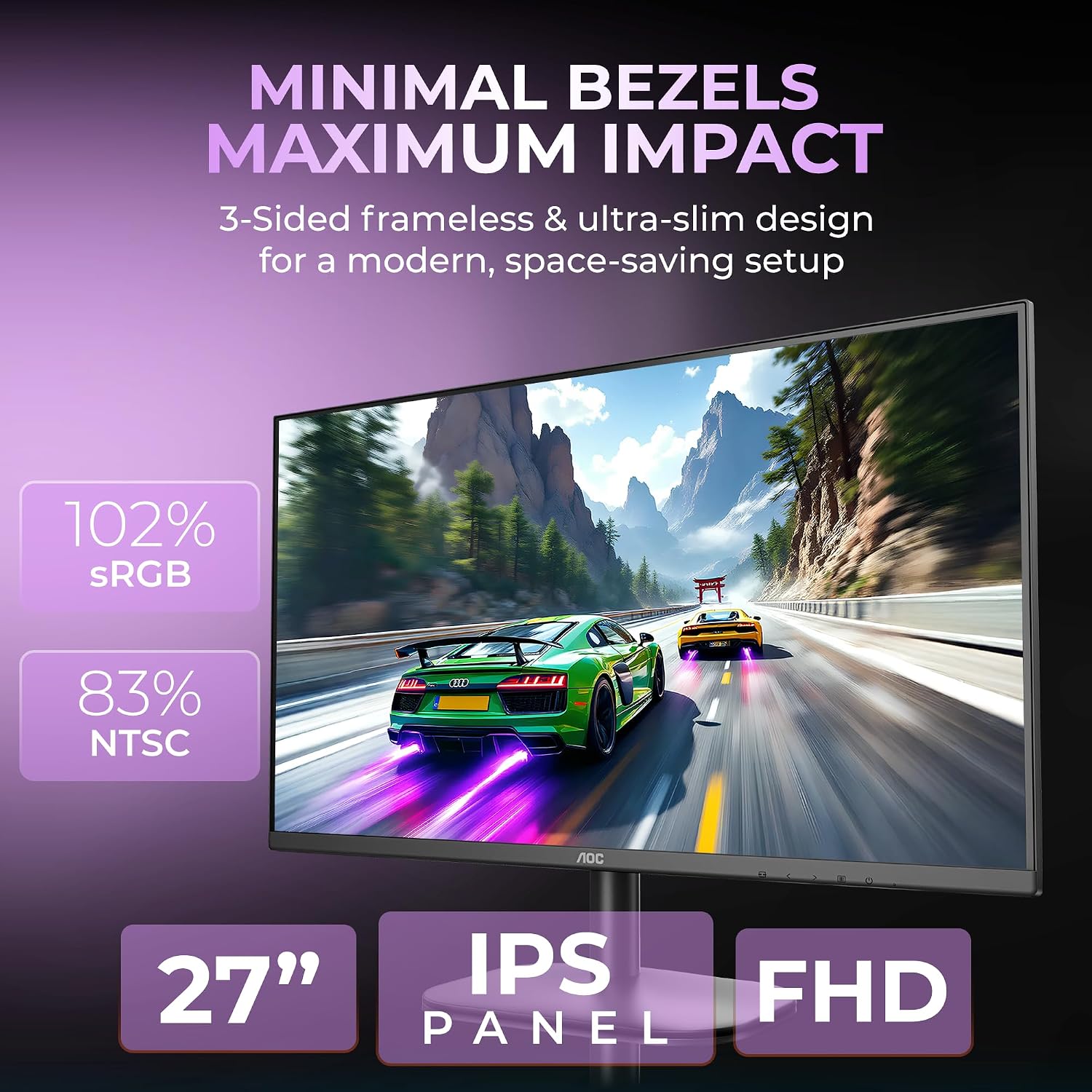 AOC 27B2H2 27 inch Monitor 1920 x 1080 Full HD IPS Panel, 100Hz Adaptive Sync 3-Sided Frame Less Design, 178° Wide Viewing Angle, Flicker-Free, Low Blue Light, Multi-Tasking Monitor