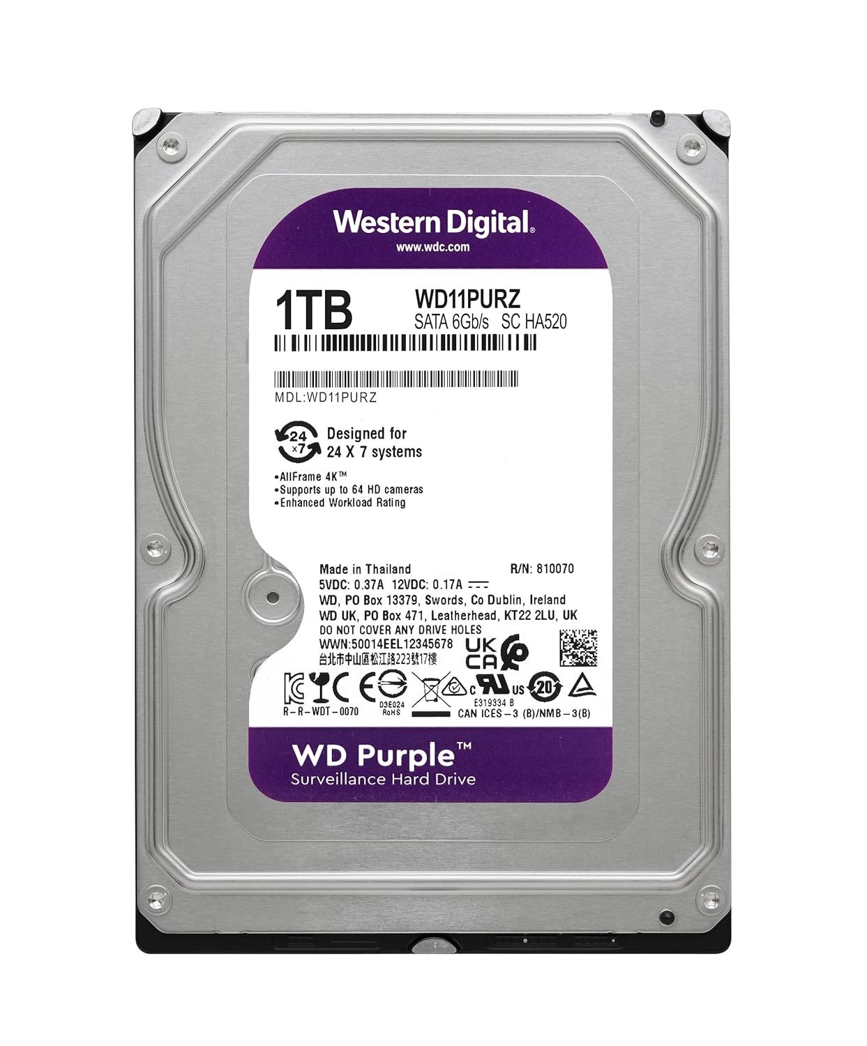 Western Digital 1TB WD Purple Surveillance Internal Hard Drive HDD - SATA 6 Gb/s, 64 MB Cache, 3.5" - WD11PURZ