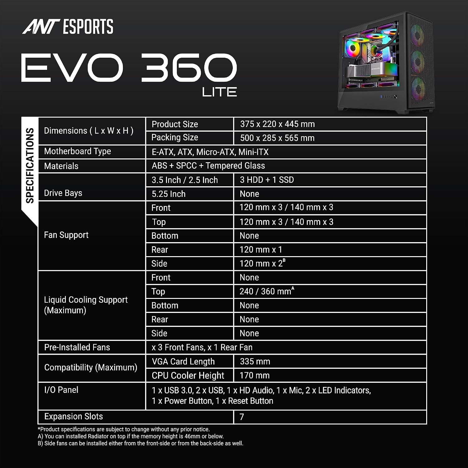 Ant Esports EVO 360 Lite Mid-Tower Computer Case/Gaming Cabinet - Black | Support E-ATX, ATX, Micro-ATX, Mini-ITX | Pre-Installed 4 ARGB Fans
