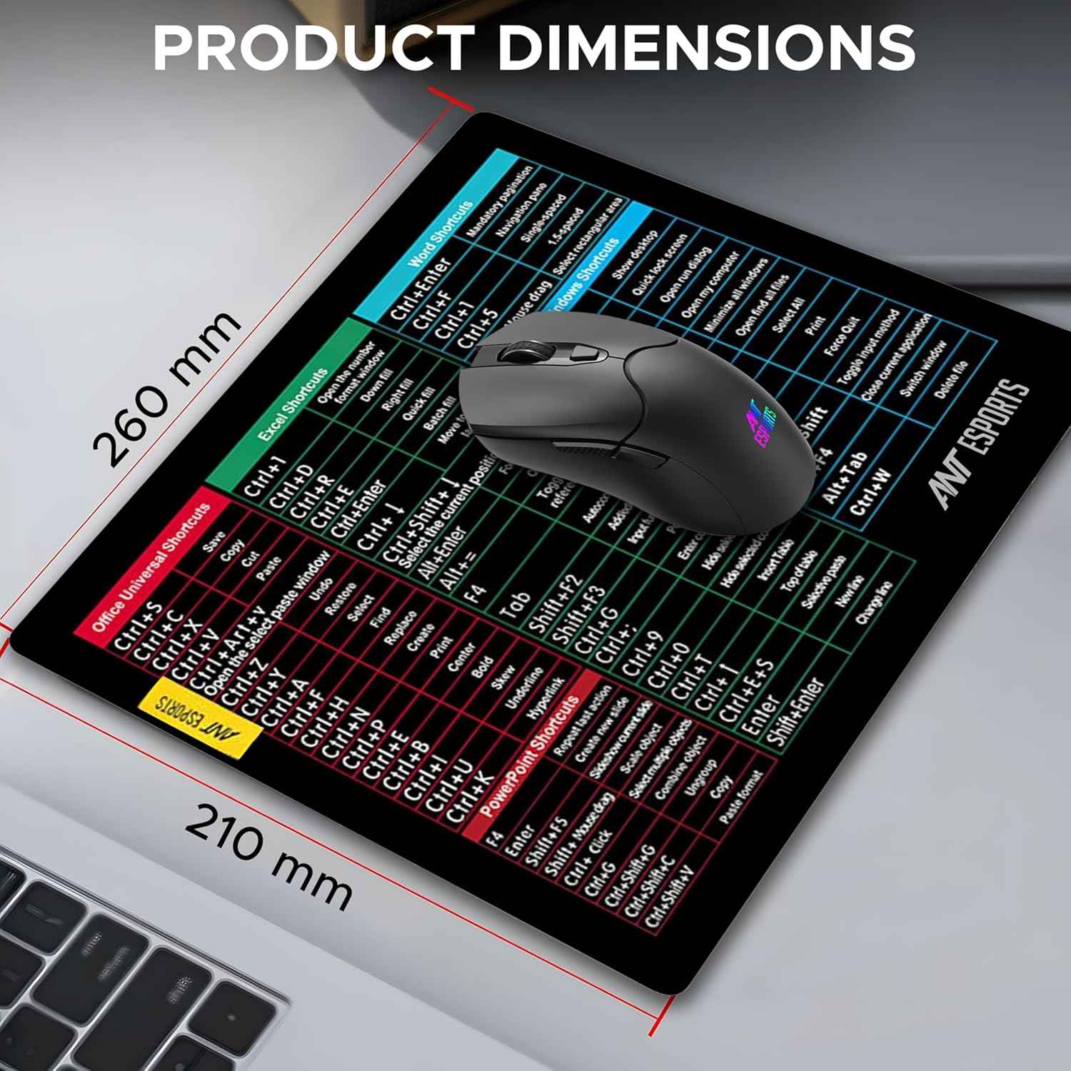 Ant Esports Lapi MousePad 260X210X3mm Anti-fray Stitching, Universal Shortcut Sheet Waterproof Surface & Non-Slip Rubber Base Stitched Edges Mouse Mat for Laptop,Compatible with Laser and Optical Mice