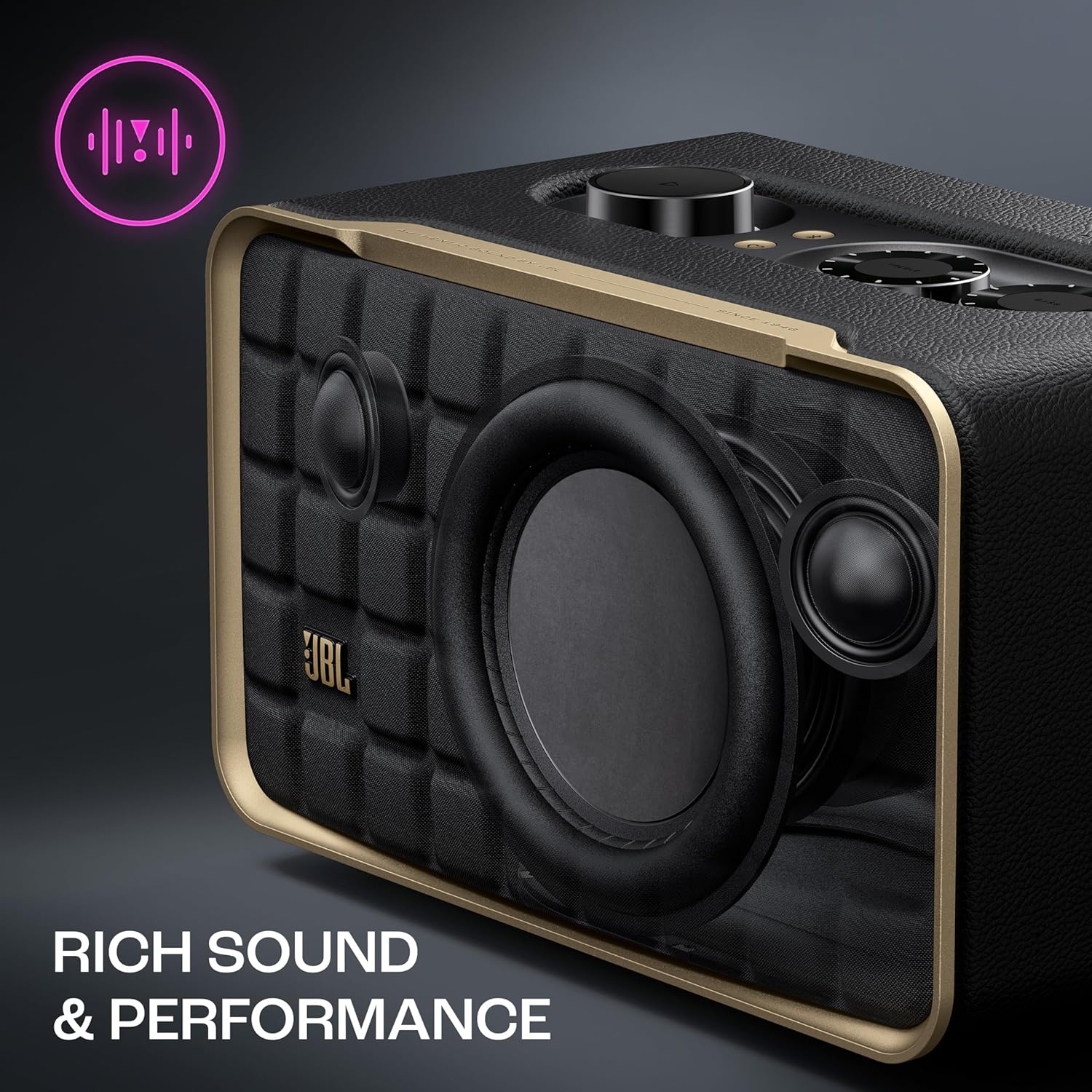 JBL Authentics 200, Smart Home WiFi Speaker and Music Streaming, Voice Assist and Bluetooth Connectivity, Automatic Calibration, Compatible with Google Home & Amazon Alexa, Retro Design in Black - Zapnet.in