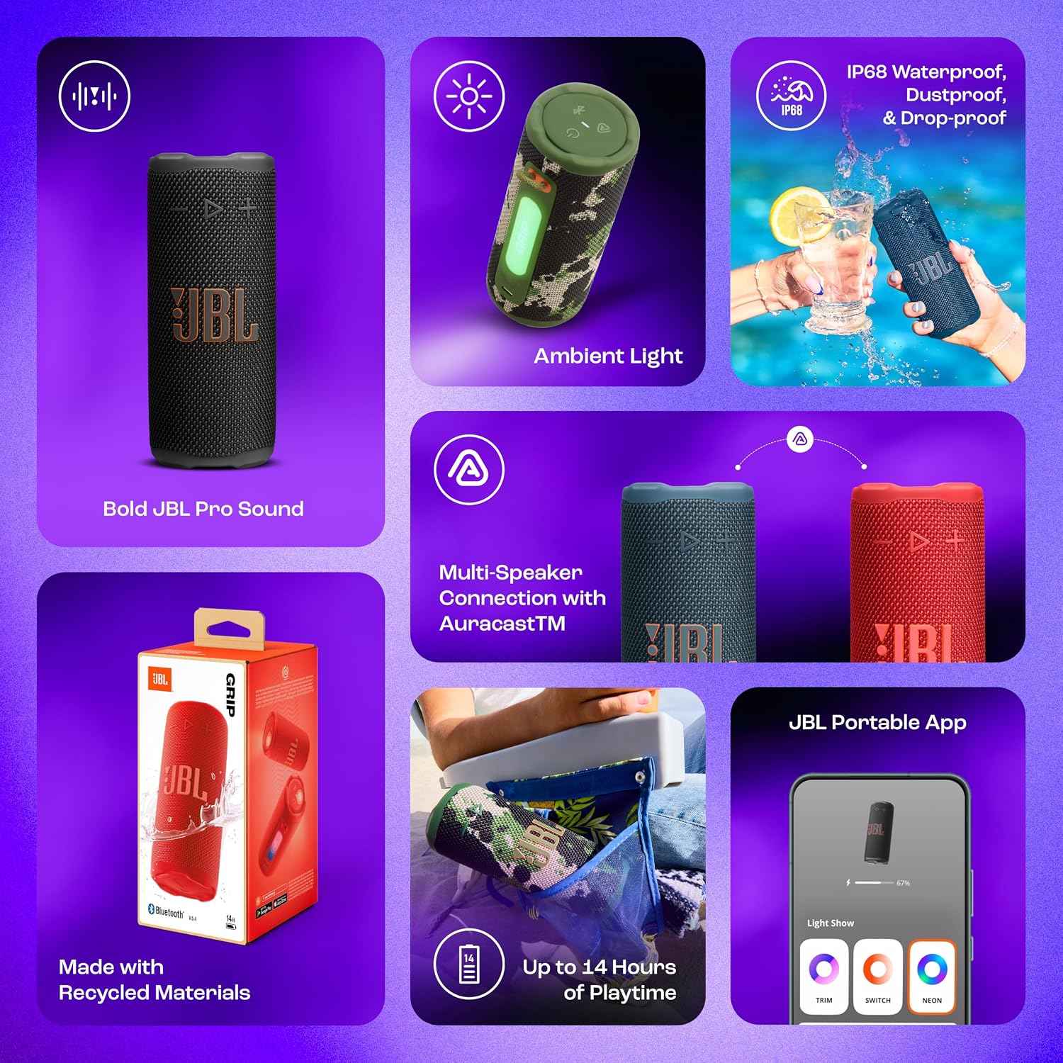 JBL Grip Wireless Portable Bluetooth Speaker, JBL Pro Sound with AI Sound Boost, IP68 Waterproof/Dustproof, Ambient Light, Upto 14H Playtime, Auracast Multi-Speaker Connection, Black