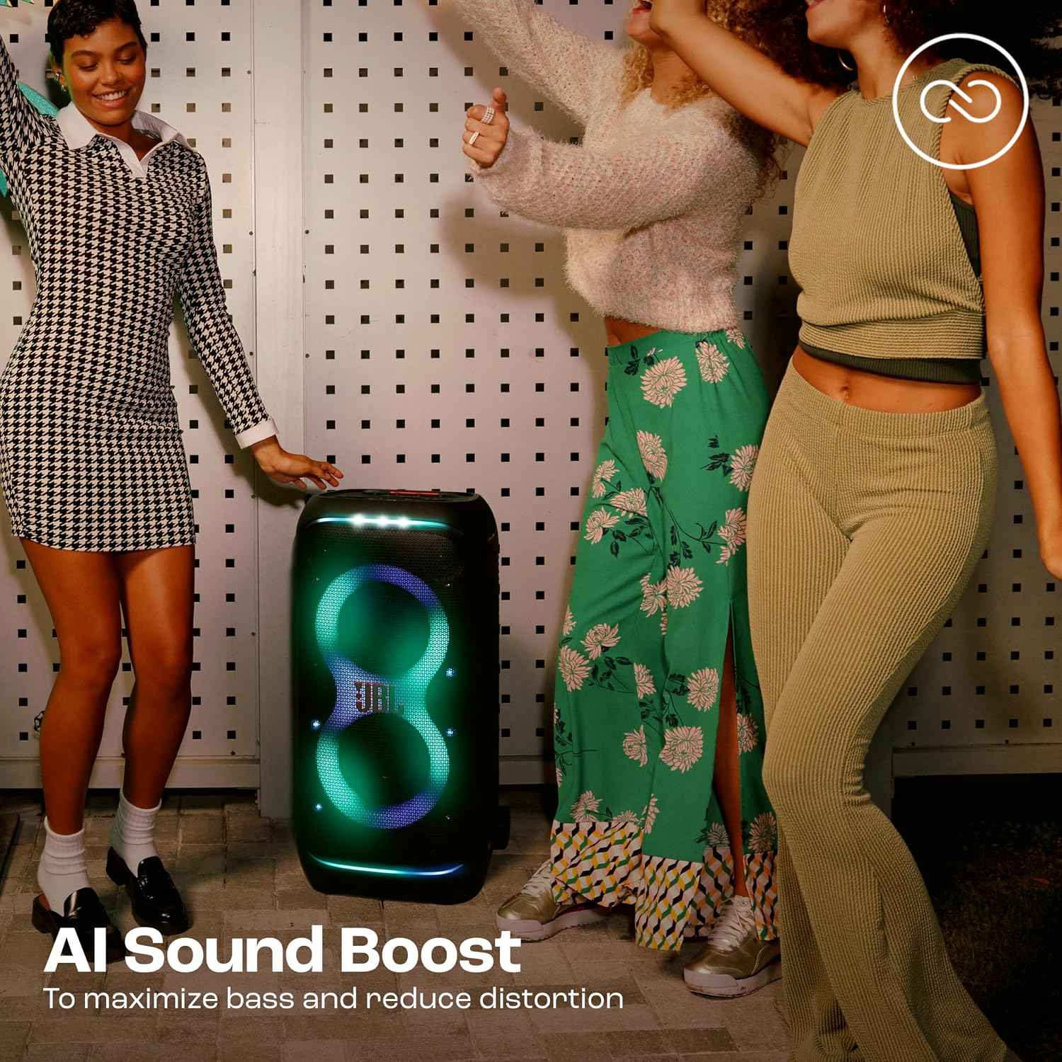 JBL Partybox 320, Portable Bluetooth 240W Party Speaker, AI Sound Boost, Futuristic Light Show, Multispeaker Connection by Auracast, Telescopic Handle & Wheels, Dual Guitar & Mic Inputs (Black)