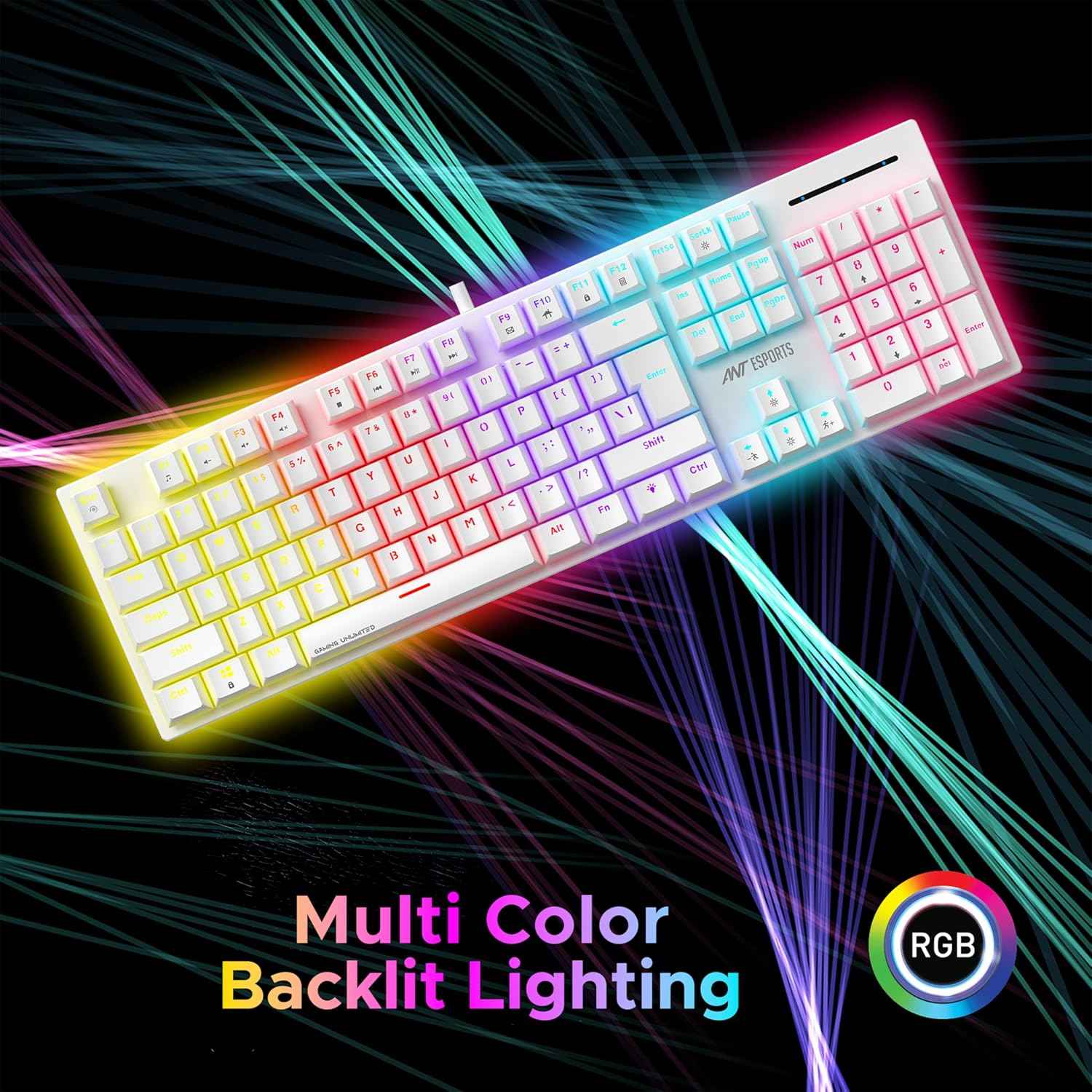Ant Esports MK3400 Pro V3 Mechanical RGB Gaming Keyboard, 104 Keys-Brown Switch, Multicolour Backlit, Anti-Ghosting, USB Wired, Media Keys, 12 LED Modes, for PC, Mac, Windows, Linux – White