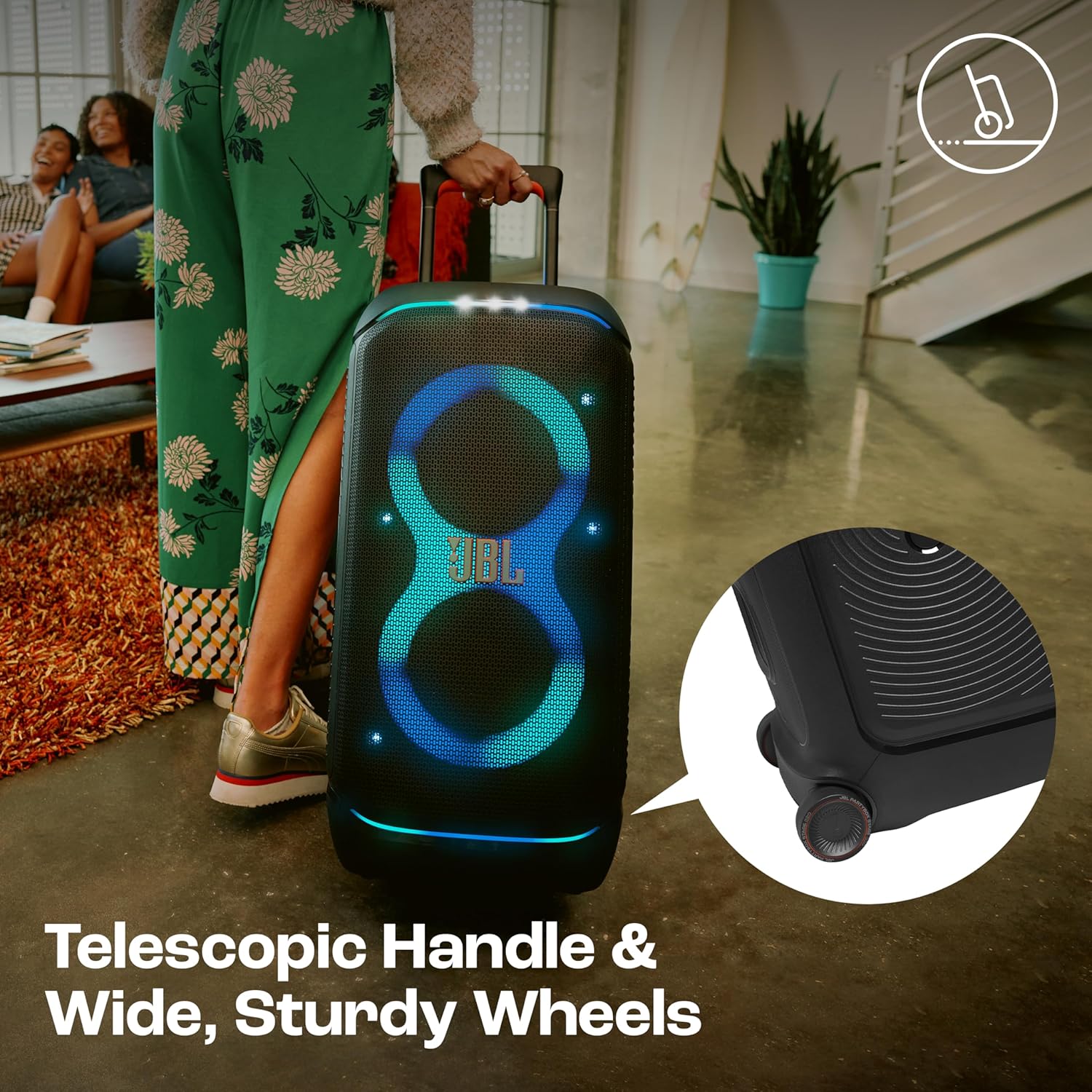 JBL Partybox 320, Portable Bluetooth 240W Party Speaker, AI Sound Boost, Futuristic Light Show, Multispeaker Connection by Auracast, Telescopic Handle & Wheels, Dual Guitar & Mic Inputs (Black) - Zapnet.in