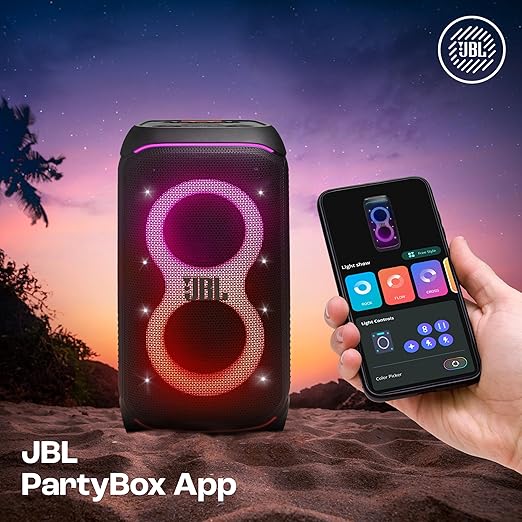JBL Partybox 320, Portable Bluetooth 240W Party Speaker, AI Sound Boost, Futuristic Light Show, Multispeaker Connection by Auracast, Telescopic Handle & Wheels, Dual Guitar & Mic Inputs (Black) - Zapnet.in