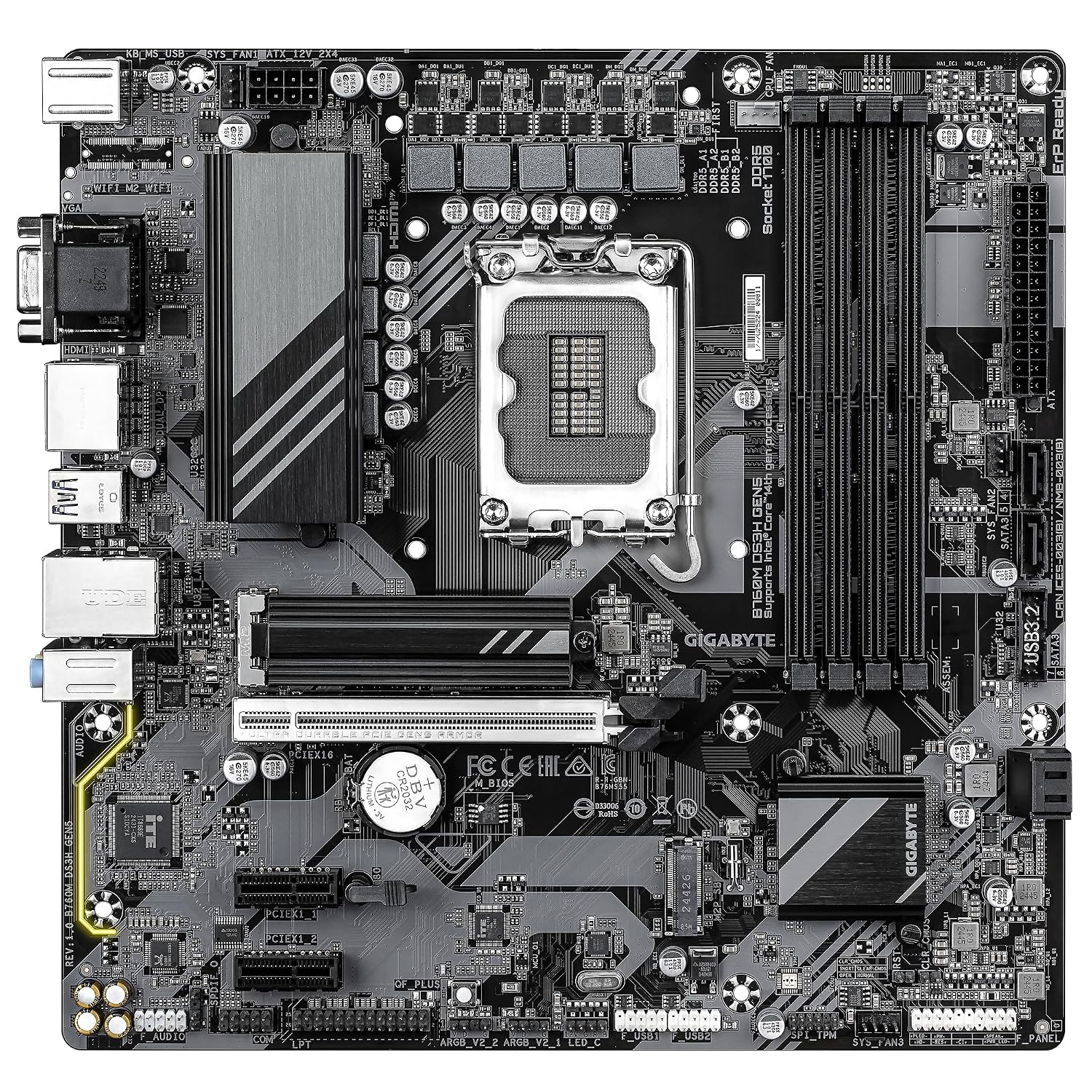 GIGABYTE B760M DS3H GEN5 Motherboard - Supports 14th Gen Intel Core Processors, 6+2+1 Phase Digital VRM, Up to 5600MHz DDR4, 2x PCIe 4.0 M.2, 2.5GbE LAN, USB 3.2 Gen2