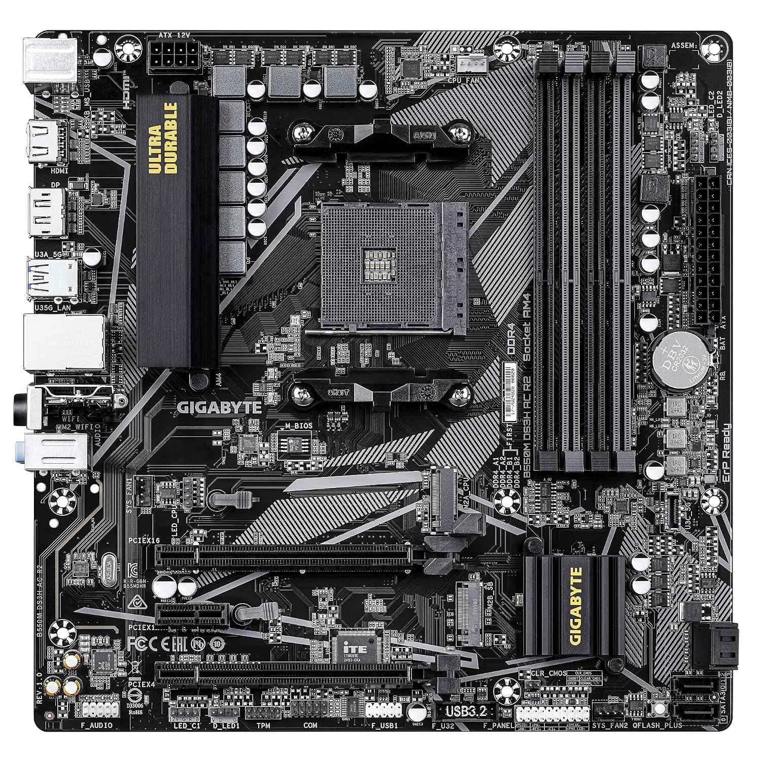 GIGABYTE B550M DS3H AC R2 Motherboard - AMD Ryzen 5000 CPUs | 5+3 Phases VRM | up to 4733MHz DDR4 (O.C.) | 1xPCIe 4.0 + 1xPCIe 3.0 M.2 | Wi-Fi 5 | 1GbE LAN | USB 3.2 Gen 1