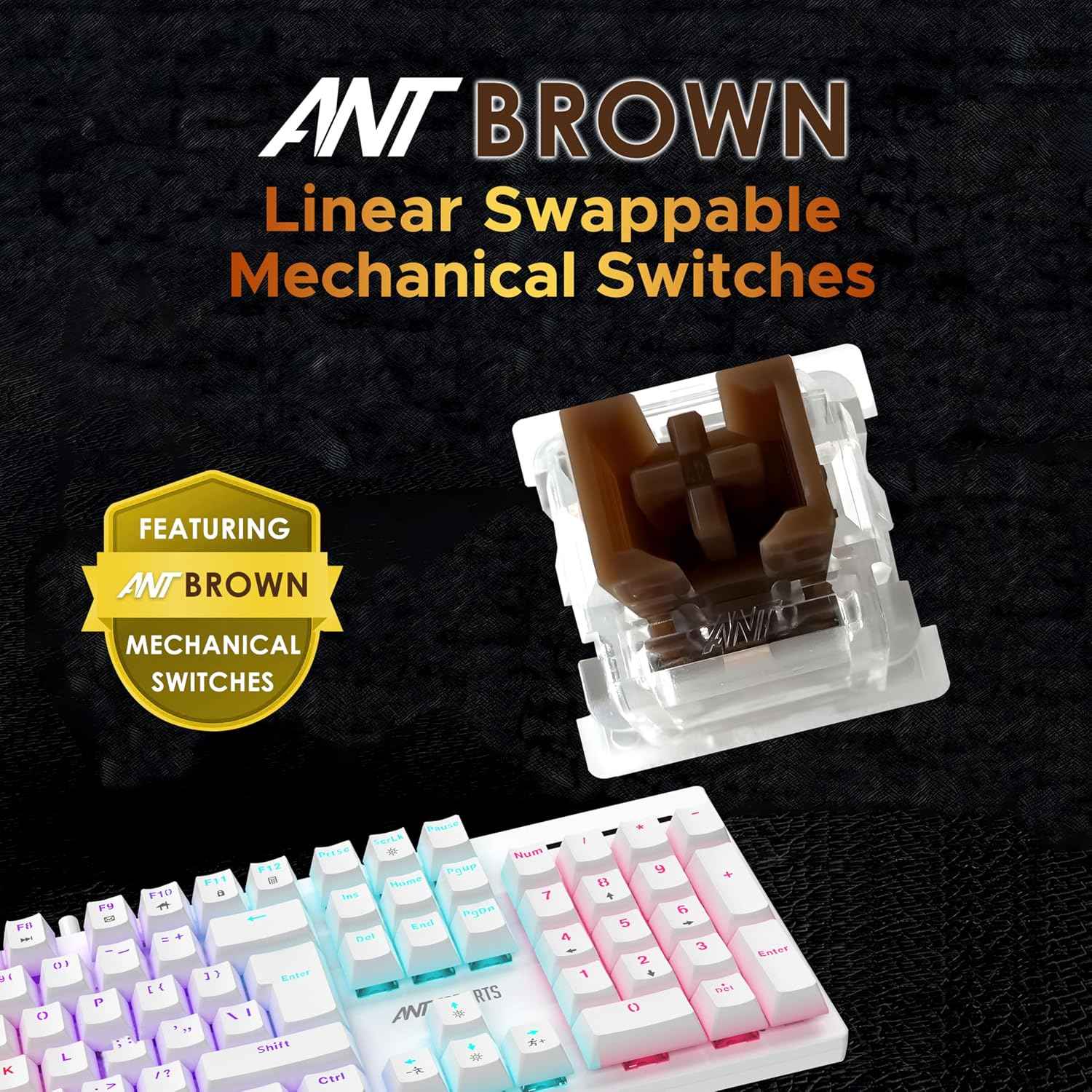 Ant Esports MK3400 Pro V3 Mechanical RGB Gaming Keyboard, 104 Keys-Brown Switch, Multicolour Backlit, Anti-Ghosting, USB Wired, Media Keys, 12 LED Modes, for PC, Mac, Windows, Linux – White