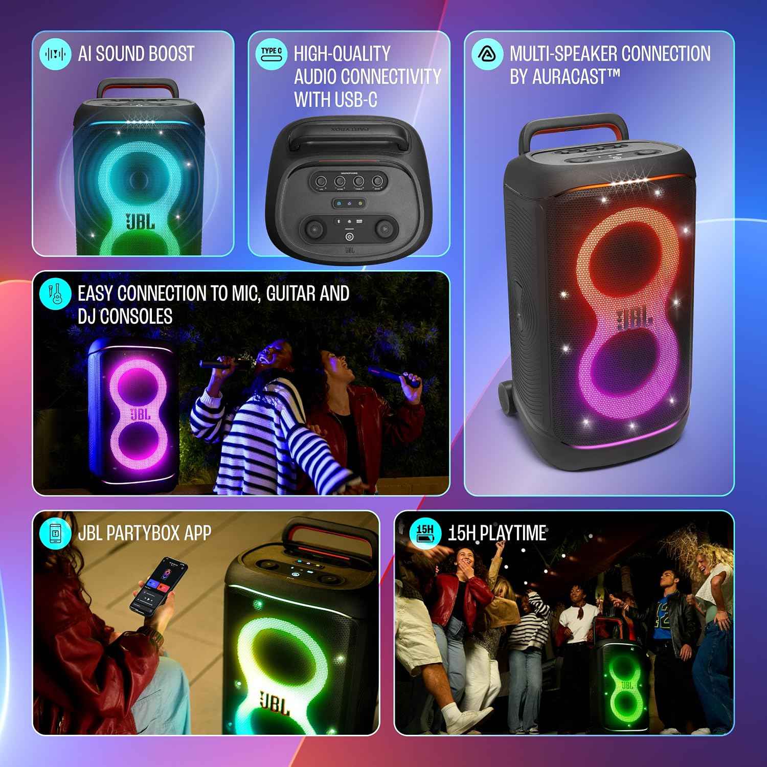 JBL Partybox 520 Wireless Bluetooth Party Speaker, Electrifying AI Sound Boost, Upto 15Hrs Playtime, Replaceable Battery, Multispeaker Connection by Auracast-, PartyBox App-Black