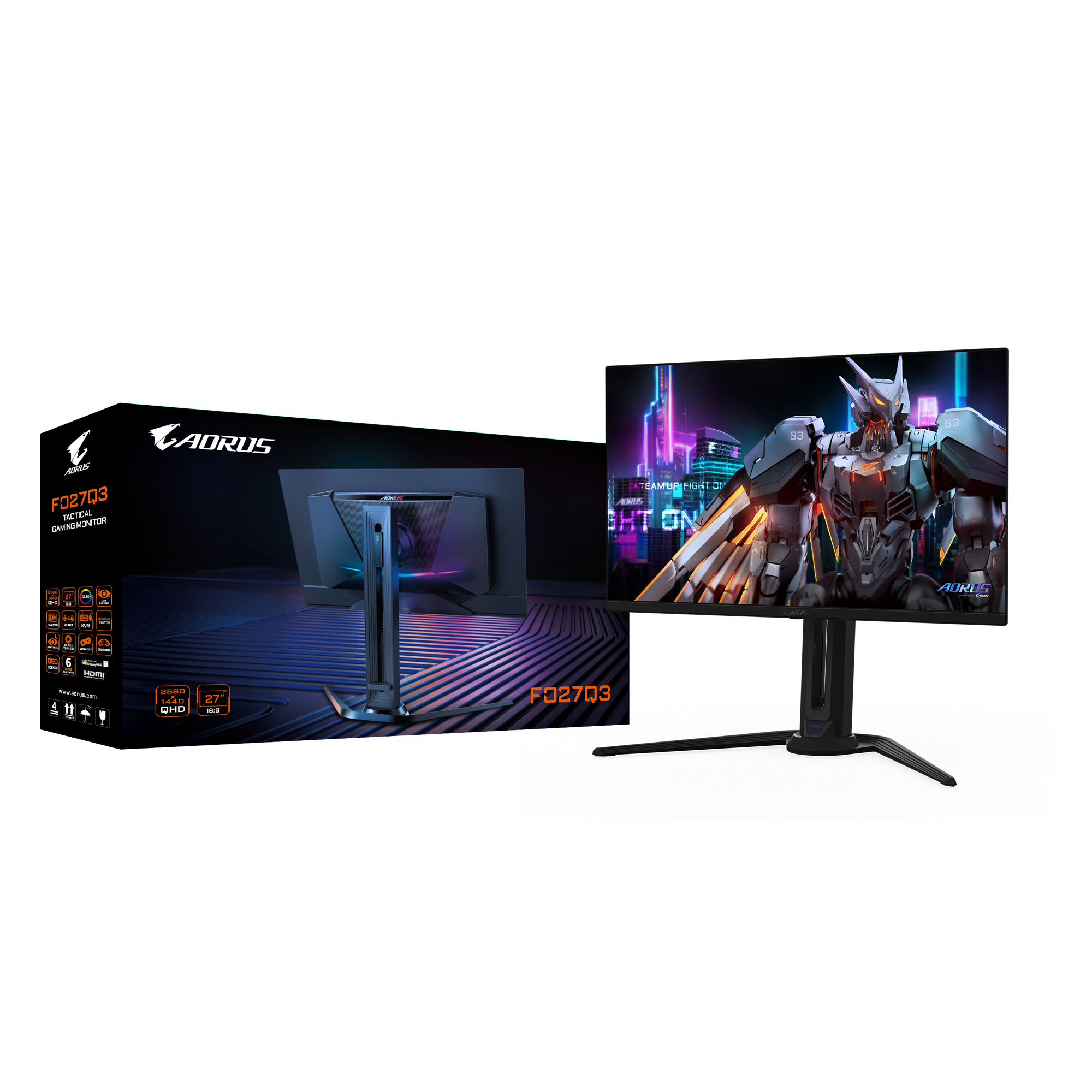 GIGABYTE - AORUS FO27Q3-27" QD OLED Gaming Monitor - QHD 2560x1440-360Hz - 0.03ms GTG - AMD FreeSync Premium Pro - Type C KVM - HDMI, DP, Type C - Height Adjustable - Black - Zapnet.in