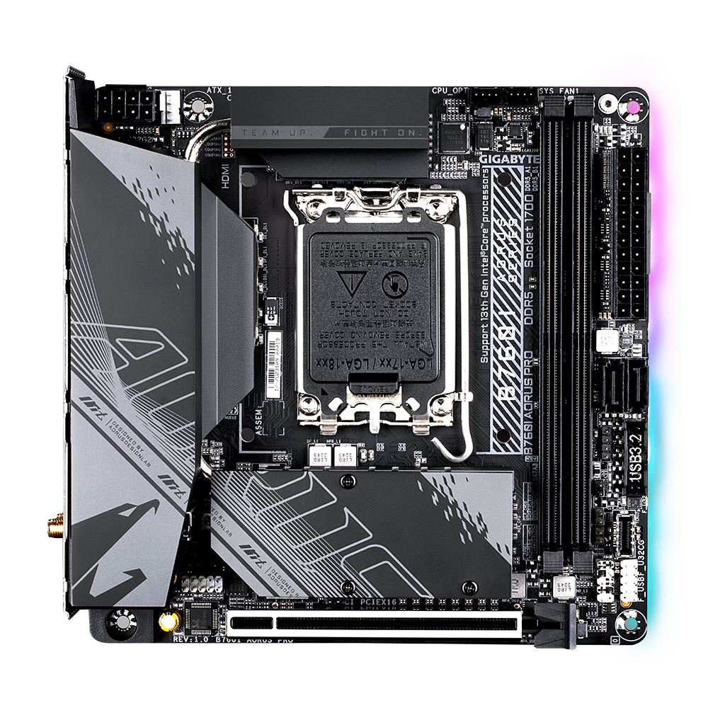 GIGABYTE B760I AORUS PRO 1.1 Intel LGA 1700 m-ITX Motherboard, 2X DDR5~96GB, 1x PCI-E x16, 2X M.2, 4X SATA, 5X USB 3.2, 2X USB 2.0, 1x Type-C