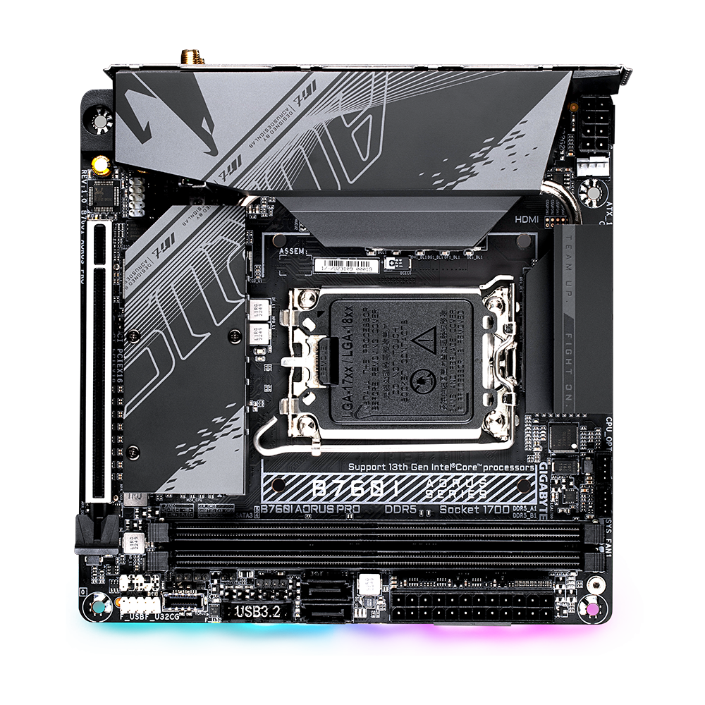 GIGABYTE B760I AORUS PRO 1.1 Intel LGA 1700 m-ITX Motherboard, 2X DDR5~96GB, 1x PCI-E x16, 2X M.2, 4X SATA, 5X USB 3.2, 2X USB 2.0, 1x Type-C