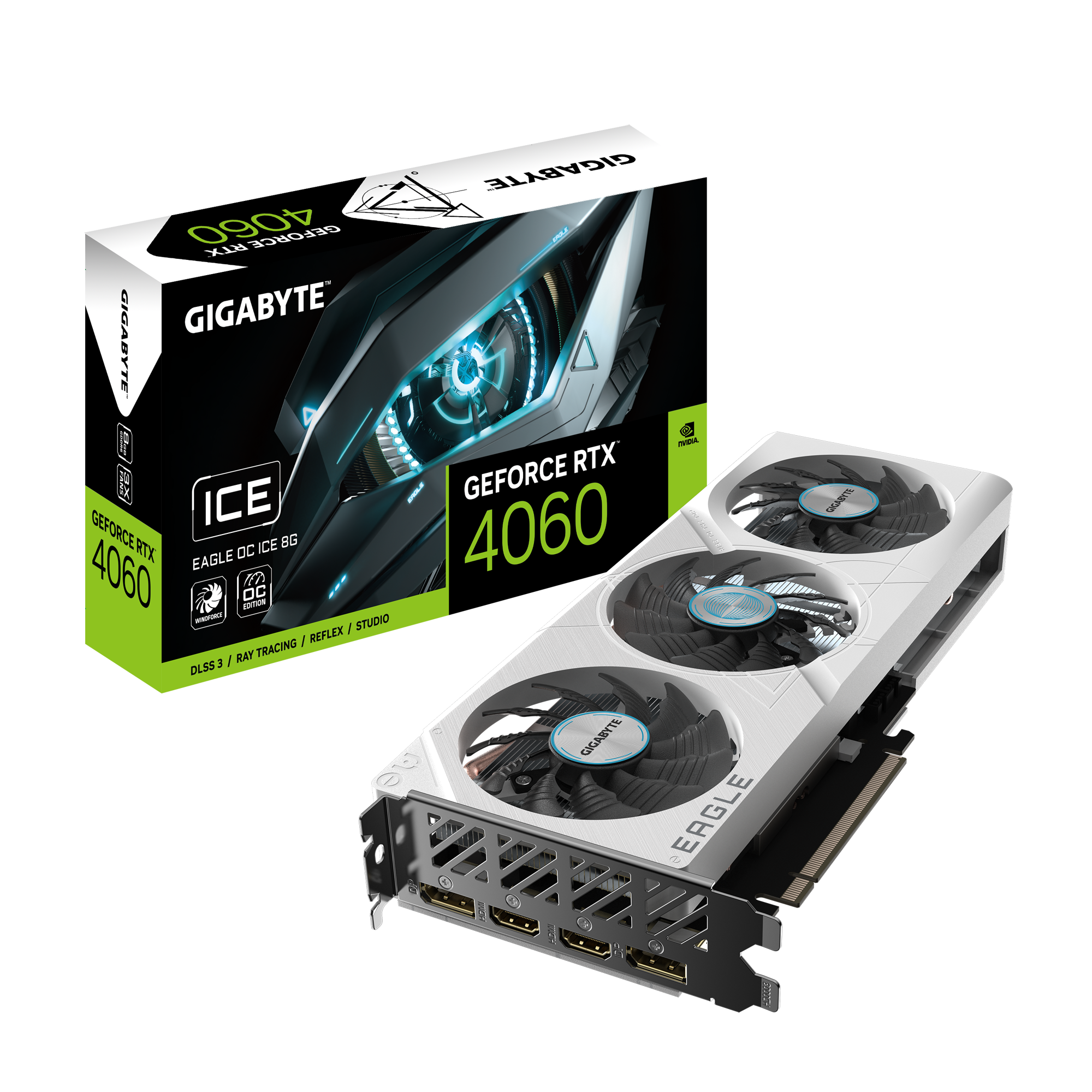 GIGABYTE GeForce RTX 4060 Eagle OC ICE 8G Graphics Card, 3X WINDFORCE Fans, 8GB 128-bit GDDR6, GV-N4060EAGLEOC ICE-8GD Video Card - Zapnet.in