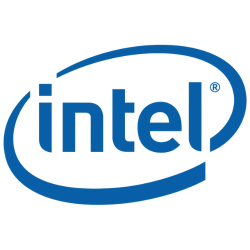 Intel logo in blue on a white background