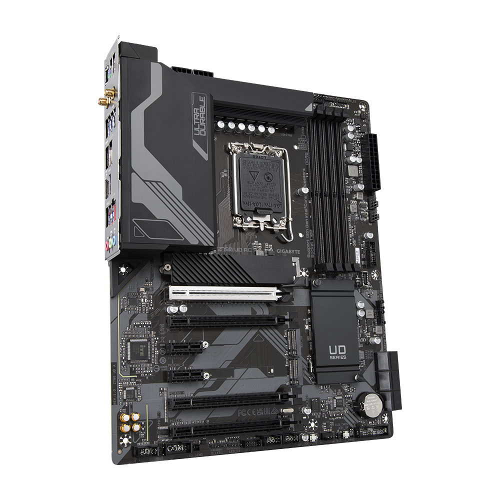 GIGABYTE Z790 UD AC (LGA 1700/ Intel Z790/ ATX/ DDR5/ Triple M.2/ PCIe 5.0/ USB 3.2 Gen2X2 Type-C/Intel Wi-Fi/ 2.5GbE LAN/PCIe EZ-Latch/Multi-Key/Motherboard) - Zapnet.in
