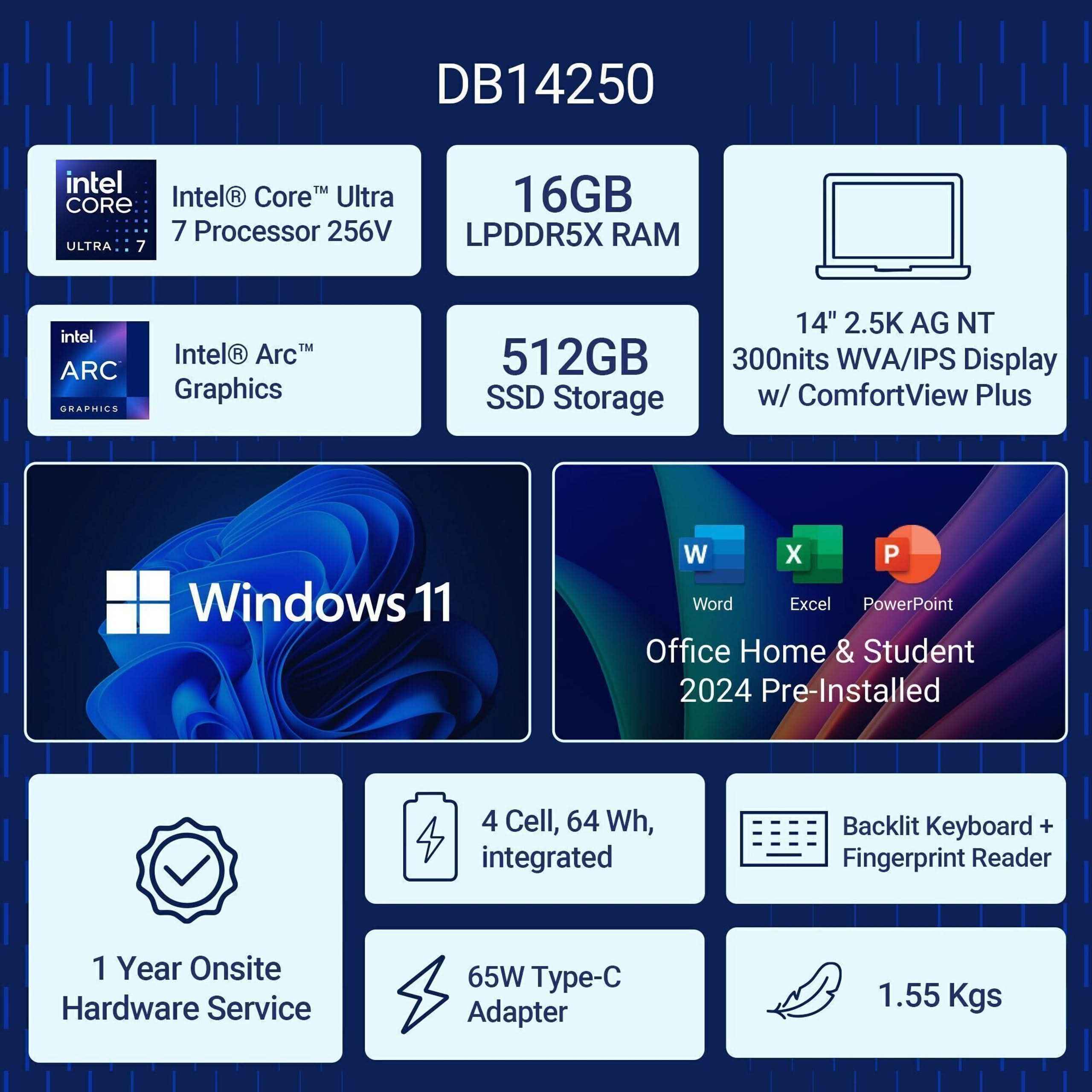 Dell 14 Plus DB14250 Laptop (Intel Core Ultra 7 256V, 16GB LPDDR5X, 512GB SSD, 14" QHD+, Intel Arc Graphics, Win 11 Home + Office 2024, FPR, Ice Blue, No Bag)