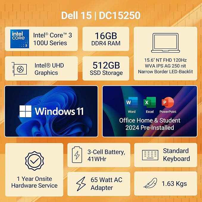 Dell 15 DC15250 Laptop (14th Gen Intel Core 3 100U, 16GB DDR4, 512GB SSD, 15.6" FHD 120Hz, Win 11 + Office H&S 2024 + M365, Black)